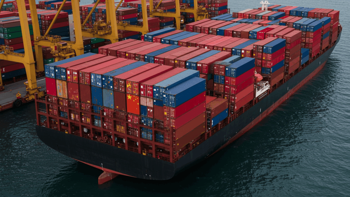 A massive container ship at a bustling port, with containers colored like the German, Chinese, and US flags, symbolizing how global trade relations impact German investments.