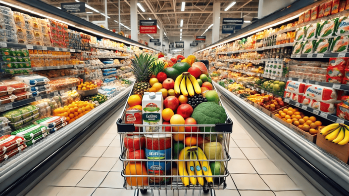A shopping cart filled with fresh fruits, vegetables, and packaged goods in the middle of a well-stocked supermarket aisle.