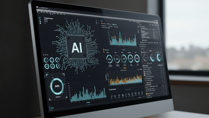 A computer screen displaying an AI dashboard with data insights, showing the impact of AI integration in German startups on business operations and decision-making.