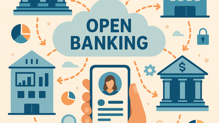 Concept of FinTech innovations and open banking with digital payments, banking institutions, and cloud technology.