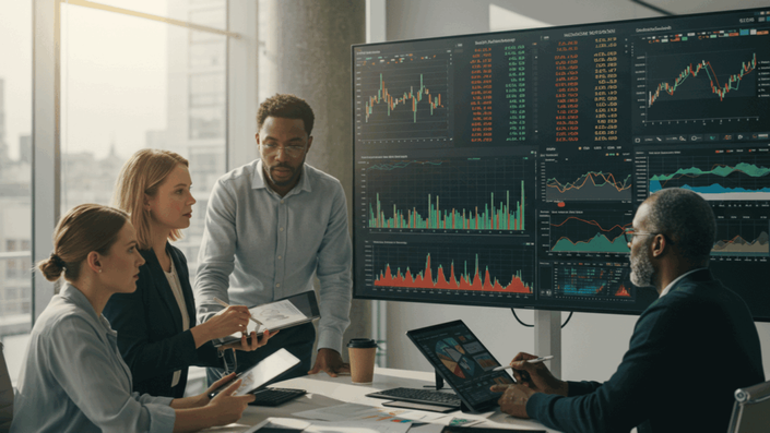 A diverse group of four investors in a modern office collaboratively analyzing financial charts and data related to German stocks on a large screen display and tablets.