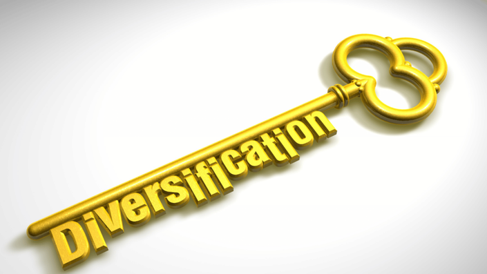 A golden key with the word 'Diversification' symbolizing how diversification in your investment portfolio is the key to long-term financial success.