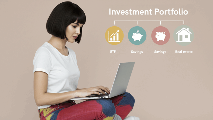 A young woman sitting on the floor with a laptop, reviewing her investment portfolio, showcasing different asset classes for financial literacy.