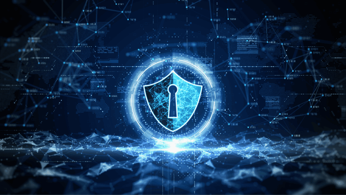 A glowing blue digital shield with a keyhole at its center, surrounded by interconnected nodes and data points, symbolizing cybersecurity in Cryptocurrency Trends.