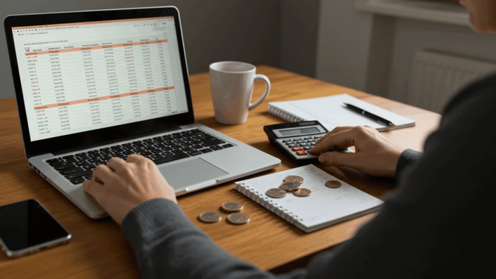 A person at a desk using a laptop with a spreadsheet, a calculator, and a notepad with coins, budgeting their finances due to the Minimum wage up.