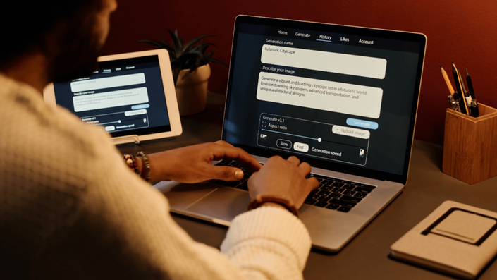 A startup founder using a notebook with AI tools to automate tasks and enhance business operations, highlighting the importance of AI integration in German startups.