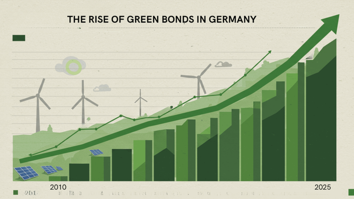 A graph illustrating the rise of Green Bonds in Germany, showing an increase in investment from 2010 to 2025, with green energy symbols like wind turbines and solar panels in the background.