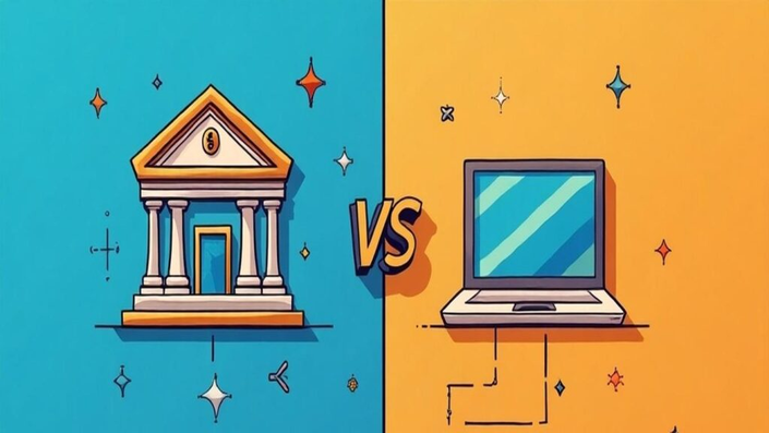 A digital illustration comparing traditional banking and decentralized finance (DeFi), showing a classical bank building on one side and a laptop representing digital financial systems on the other. A symbolic representation of the transition from traditional banking to Web3 and Financial System advancements.