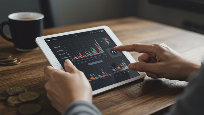 User interacting with Finance apps on a tablet, displaying various financial charts and investment options for personal finance management.